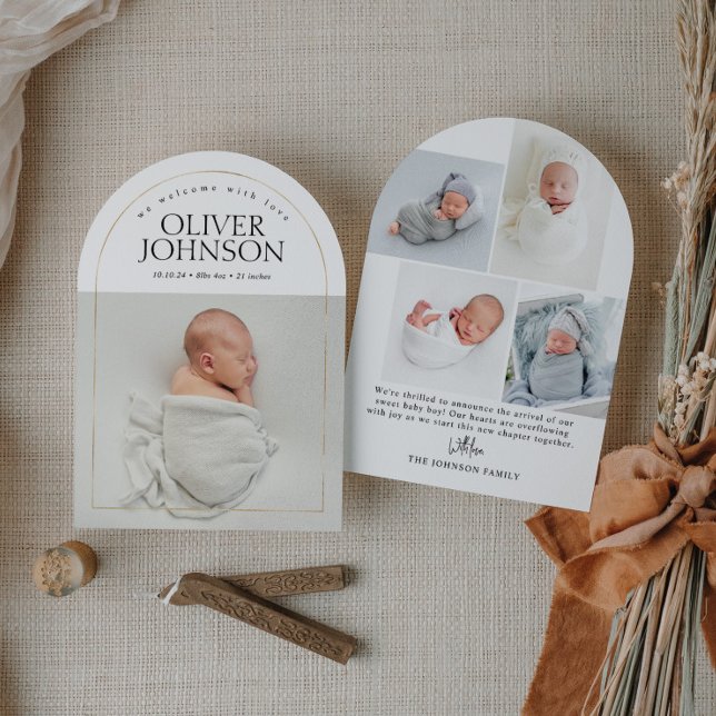 Modern Enkel Gyllene Båge Baby Foto Födelse Inbjudningar (Skapare uppladdad)