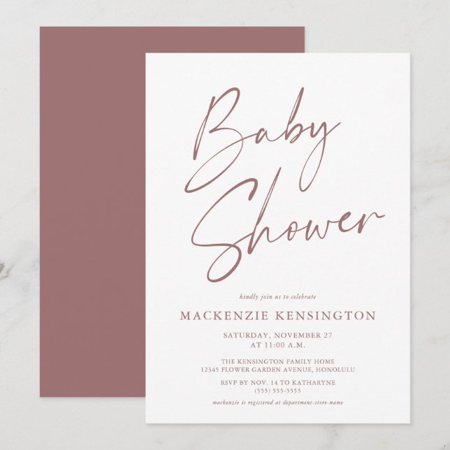 Modern enkel handskriven skript baby shower inbjudningar (Fram/baksida)