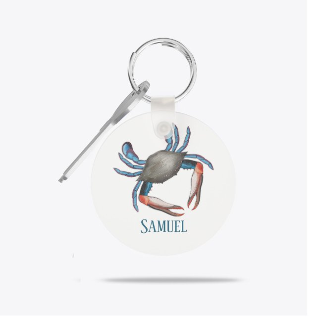 Modern enkel havsblå krabba Nautical Coastal Nyckelring (Personalized watercolor ocean blue crab keychain with coastal style.)