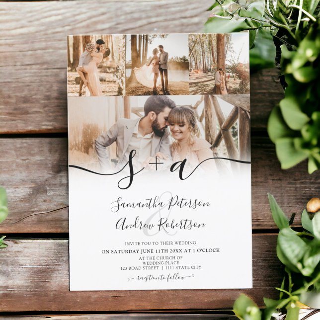 Modern enkel initialer-skript 5 foton bröllop inbjudningar (Modern simple initials script 5 photos wedding invitation)