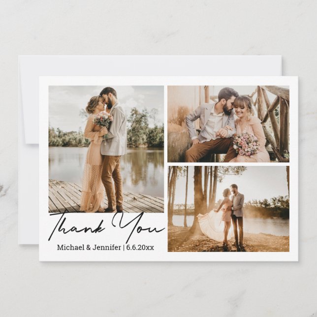 modern enkel kalligrafi med bröllop 3-foton anteckningskort (Framsida)