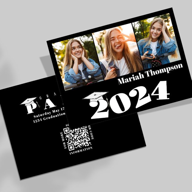 Modern enkel klass i student, svart och vitt, 24 inbjudningar (Graduation photo invitation announcement card with bold typography and QR Code)