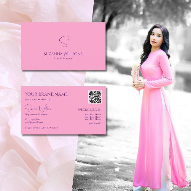 Modern enkel Ljus rosa med Monogram och QR-kod Visitkort (Skapare uppladdad)