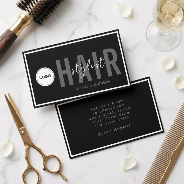 Modern Enkel Logotyp Svart Vitt Hårstylist Visitkort (Skapare uppladdad)