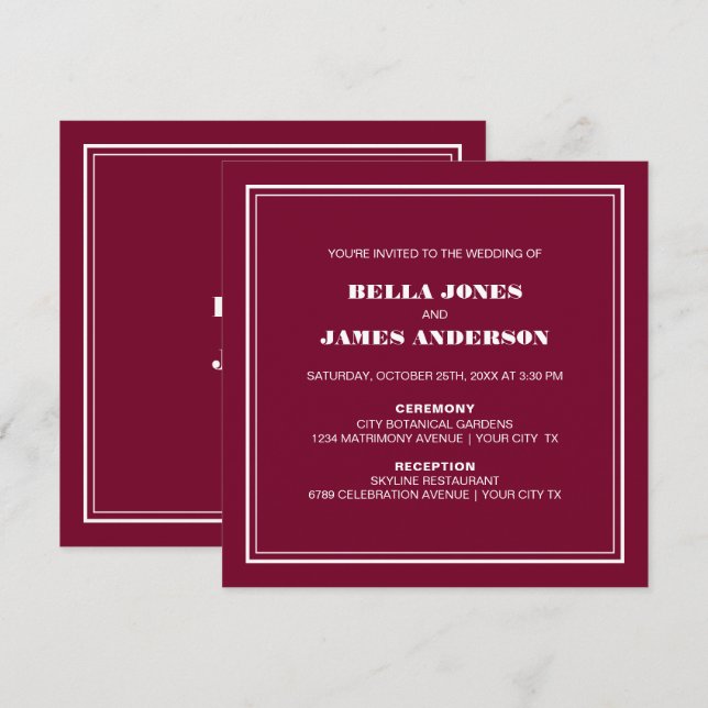 Modern enkel Magenta Vita Bröllop Inbjudningar (Fram/baksida)