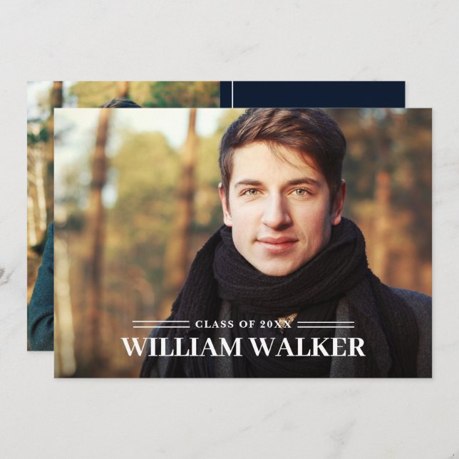 Modern enkel marin 2-PHOTO-Studentfest Inbjudningar (Fram/baksida)