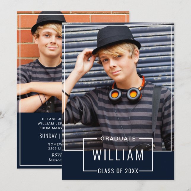 Modern enkel marin 2-PHOTO-Studentfest Inbjudningar (Fram/baksida)