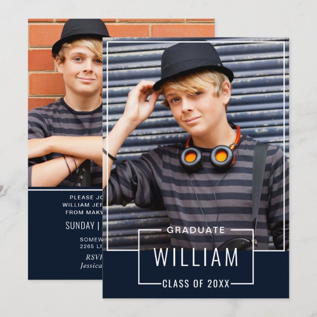 Modern enkel marin 2-PHOTO-Studentfest Inbjudningar (Fram/baksida)