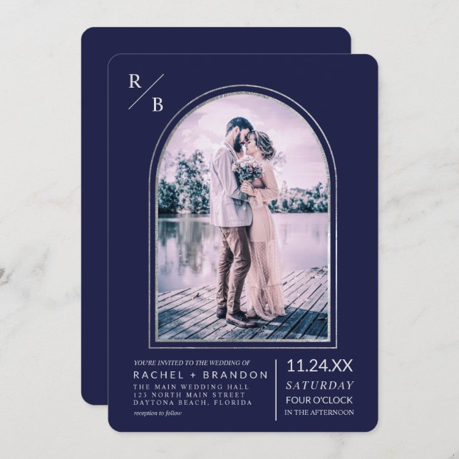 Modern enkel marin Bröllop i Silver Inbjudningar (Fram/baksida)
