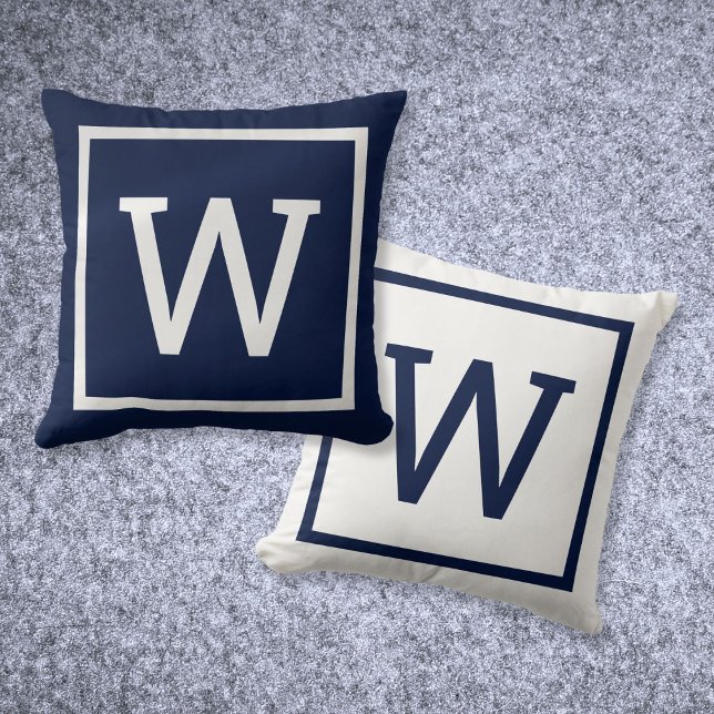 Modern enkel marin marinblå monogram kudde (Modern Simple Monogram Navy Blue Throw Pillow)