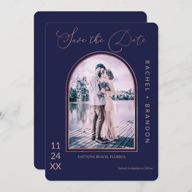 Modern enkel marinblå marsch Bröllop i Ro Guld Spara Datumet (Fram/baksida)