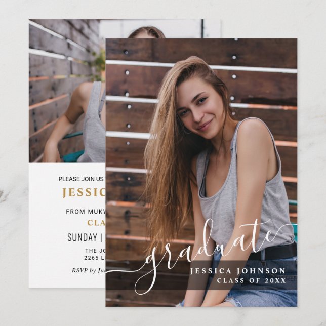 Modern enkel, minimalistisk 2-PHOTO-Studentfest Inbjudningar (Fram/baksida)