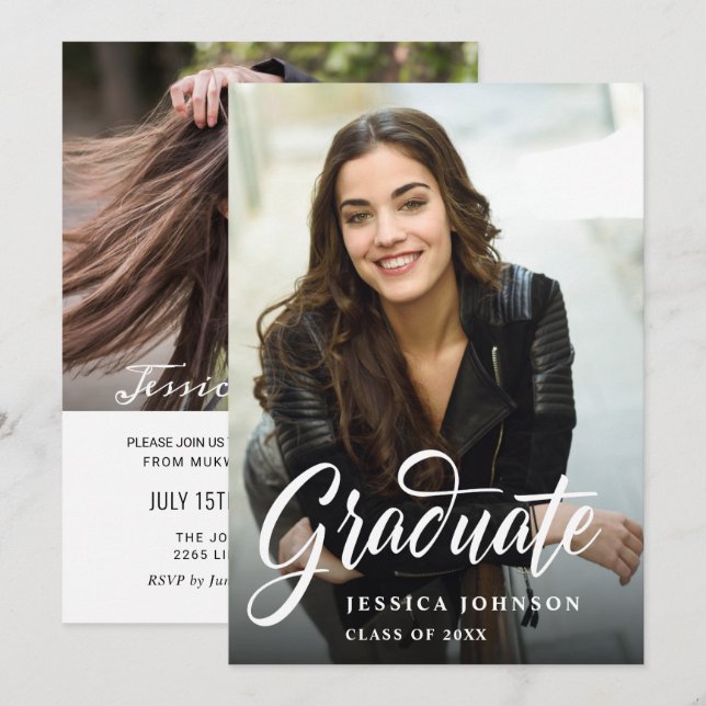 Modern enkel, minimalistisk 2-PHOTO-Studentfest Inbjudningar (Fram/baksida)