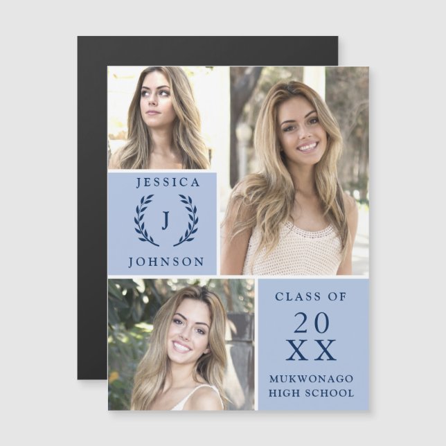 Modern enkel, minimalistisk 3-PHOTO-Studentfest Magnetisk Inbjudningskort (Fram/baksida)