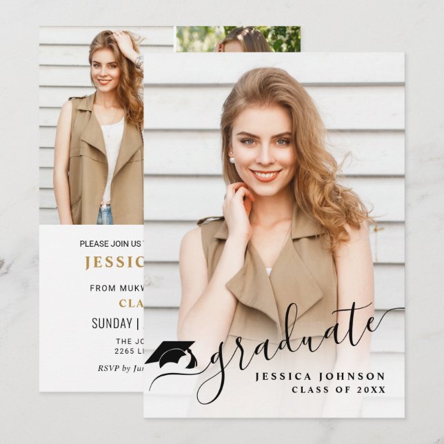 Modern enkel, minimalistisk 4-PHOTO-Studentfest Inbjudningar (Fram/baksida)