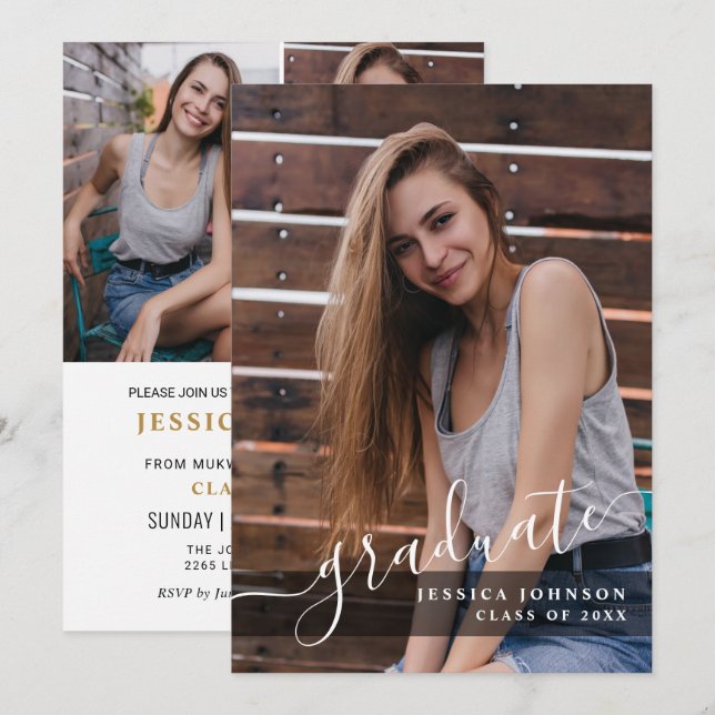 Modern enkel, minimalistisk 4-PHOTO-Studentfest Inbjudningar (Fram/baksida)