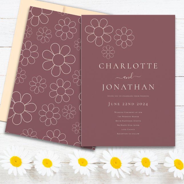 Modern enkel, minimalistisk Daisy Burgundy Plum Inbjudningar (Retro Minimalist Daisy pattern burgundy plum wedding invitation)