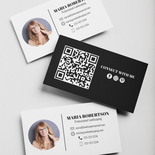 Modern enkel, minimalistisk QR-kod Social-media Visitkort (Modern style photo business card with circle photo template. )