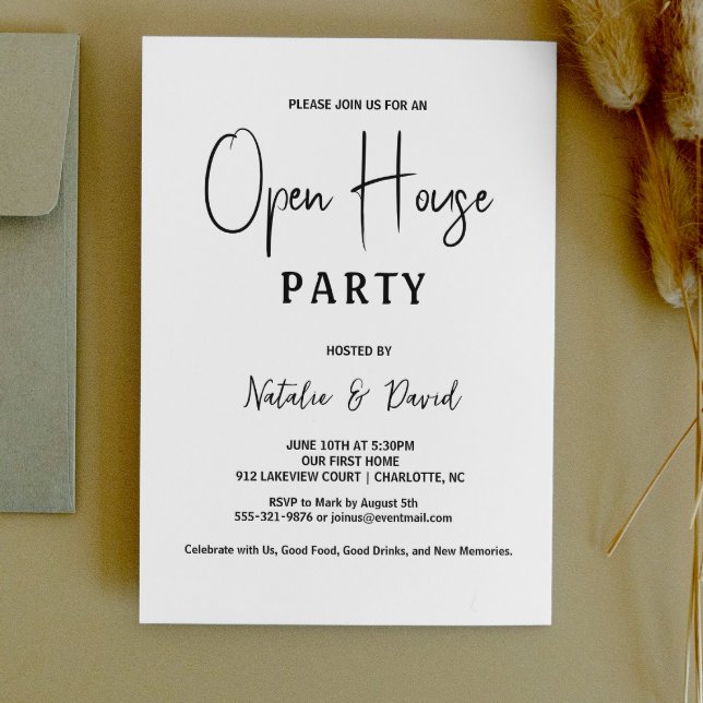 Modern enkel minimalistisk svart & vit öppen planl inbjudningar (Modern Simple Minimalist Black & White Open House Invitation sample chic business  party office )