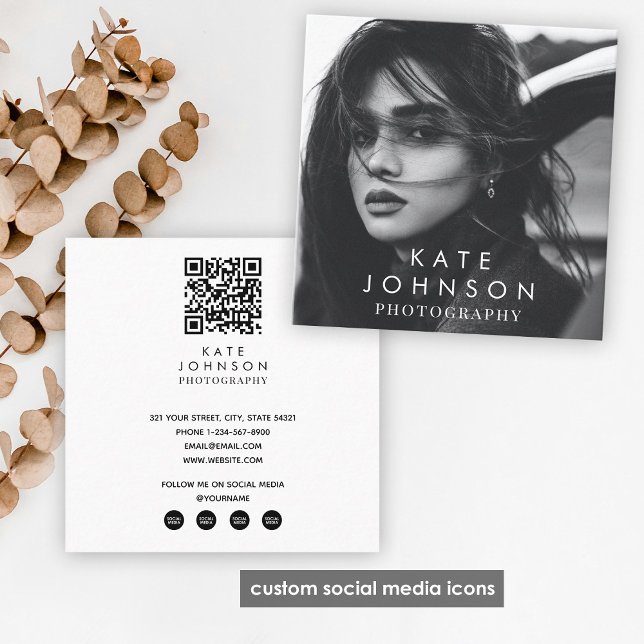 Modern enkel, minimalt foto QR-kod Social-media Fyrkantigt Visitkort (Modern Simple Minimal Photo QR Code Social Media Square Business Card)