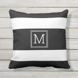 Modern enkel Monogram för svart och vitt Rand Kudde