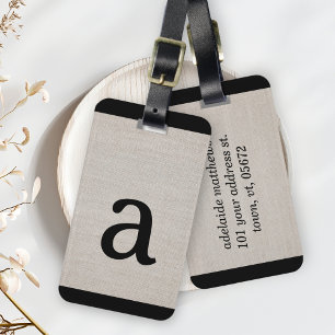 Modern enkel monogram första Beige Linen-utseende Bagagebricka