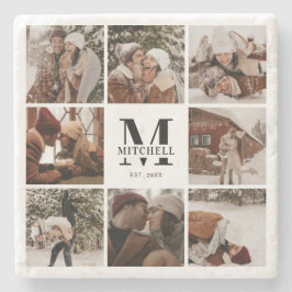 Modern enkel monogram, första familjen Namn och fo Stenunderlägg