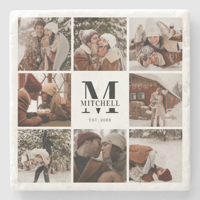 Modern enkel monogram, första familjen Namn och fo Stenunderlägg (Framsidan)