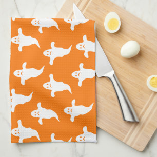 Modern enkel Orange och White Spöken Halloween Kökshandduk