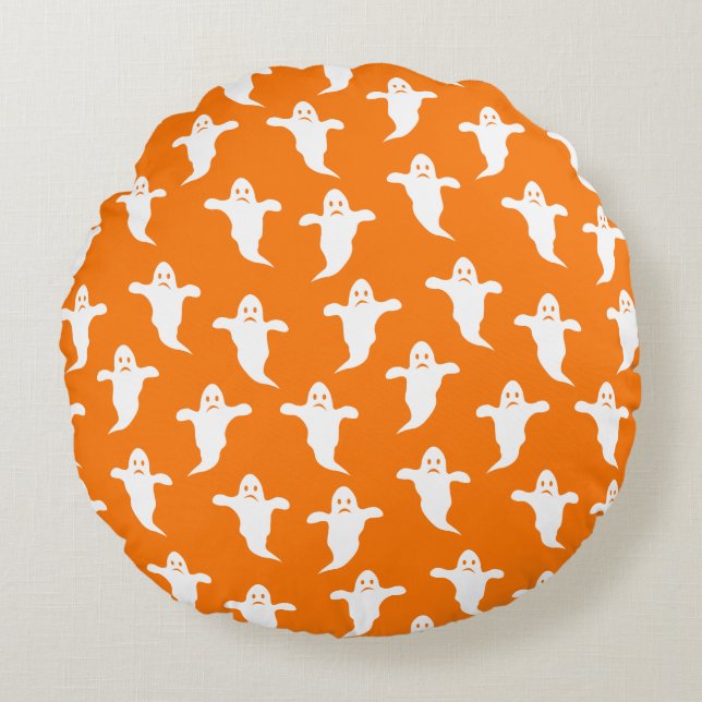 Modern enkel Orange och White Spöken Halloween Rund Kudde (Framsidan)