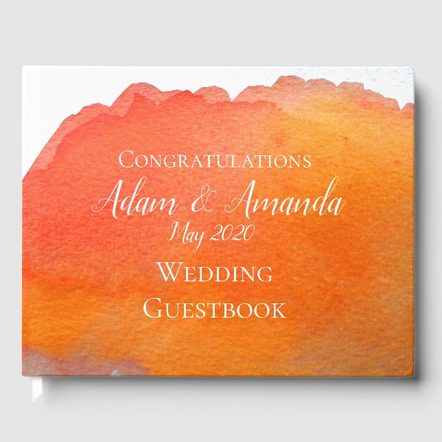 Modern, enkel orange, persikofärgskonst bröllop gästböcker (Framsida)
