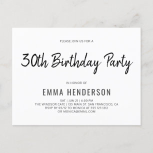 Modern enkel pensel 30års födelsedag Party Inbjudan Vykort