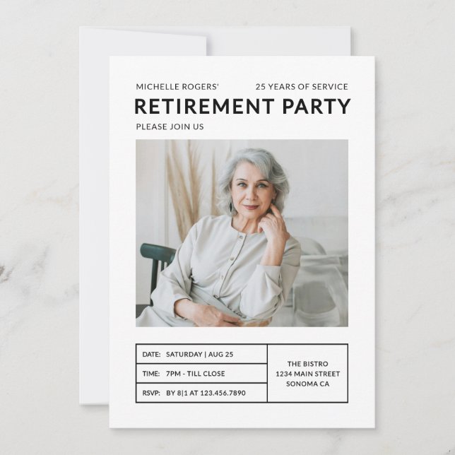Modern enkel pensionsfest fotoinbjudan inbjudningar (Framsida)