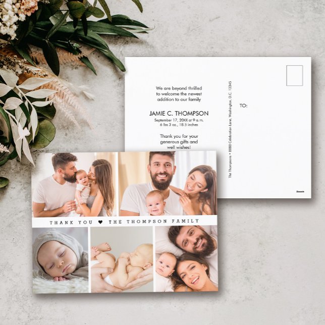 Modern enkel Photo Collage Baby-dusch tack. Vykort (Custom Modern Baby Shower Thank you photo collage postcard.)