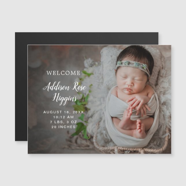 Modern enkel Photo Girl Birth Magnet (Fram/baksida)