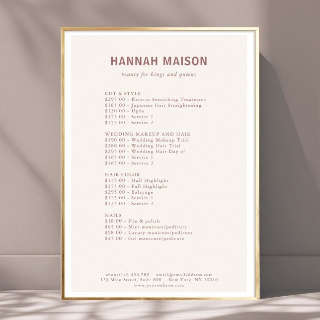 Modern Enkel, Professionell, Salong, Prislista Poster (Modern Simpel, Professional,  Beige & Brown , Salon, Price List Poster)