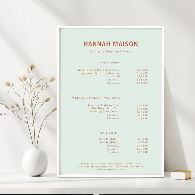 Modern Enkel, Professionell, Salong, Prislista Poster (Modern, Simple, Professional, Salon, Green & Orange-Brown, Price List Poster, for Service Providers.)