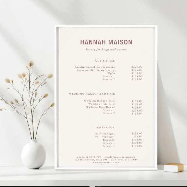 Modern Enkel, Professionell, Salong, Prislista Poster (Modern, Simple, Professional, Salon, Price List Poster, Beige & Brown for Service Providers.)