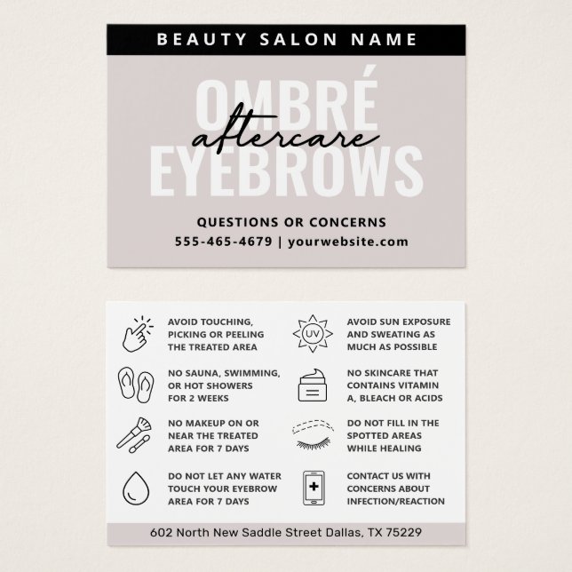 Modern enkel Pulver Brows-eftervårdskort för Ombre Visitkort (Framsida & baksida)