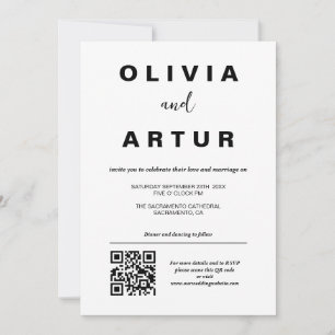 Modern enkel QR-kod, svart och vit Bröllop Inbjudningar
