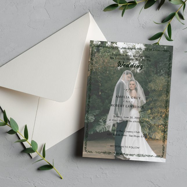 Modern Enkel | Redigerbar Foto Bröllop   Inbjudningar (Floral wedding minimalist invitation)