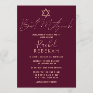 Modern enkel Ro Guld Burgundy Red Bat mitzvah Inbjudningar