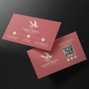 Modern Enkel Ros & Biege Frisör QR-kod Visitkort