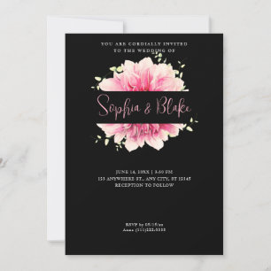 Modern enkel Rosa Blommigt Framed Black Bröllop Inbjudningar