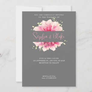 Modern enkel Rosa Blommigt Framed Grått Bröllop Inbjudningar