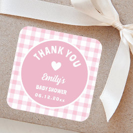 Modern enkel Rosa Gingham Baby Shower Tack Fyrkantigt Klistermärke