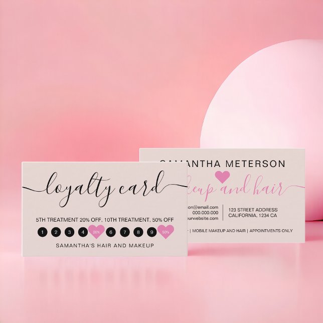 Modern enkel  rosa-skriptsammansättning 10 lojalitetskort (Modern simple blush pink script makeup 10 loyalty card)