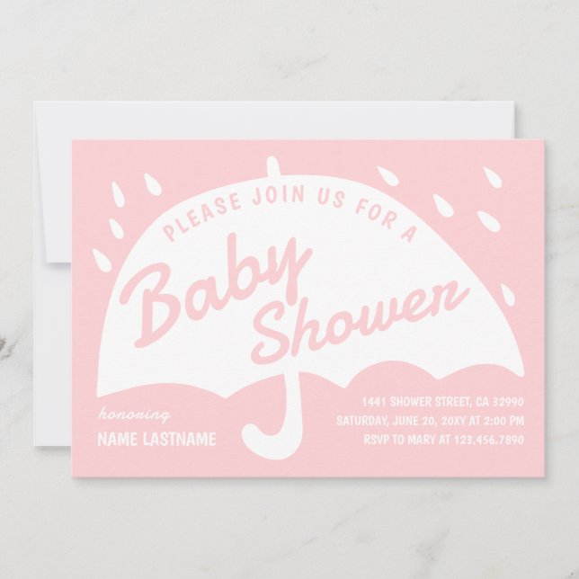 Modern enkel Rosa White Parbrella Rain Baby Shower Inbjudningar (Framsida)