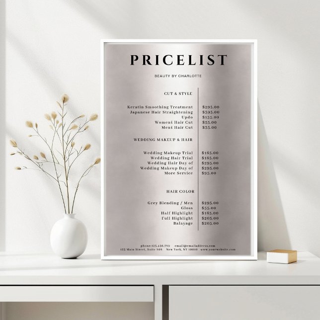 Modern Enkel Silver Salong Prislista Affisch (Modern Simpel Silver Salon Price List Poster)