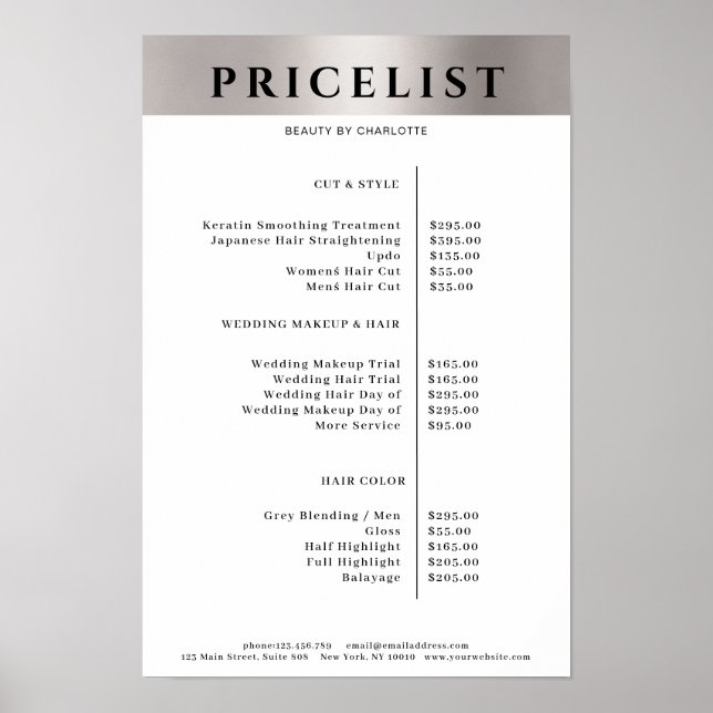 Modern Enkel Silver Salong Prislista Affisch (Framsidan)